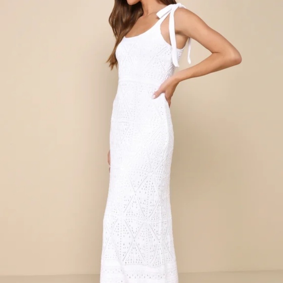 Lulus Adorable Darling White Crochet Tie-strap Midi Dress - Size L - Picture 3 of 4
